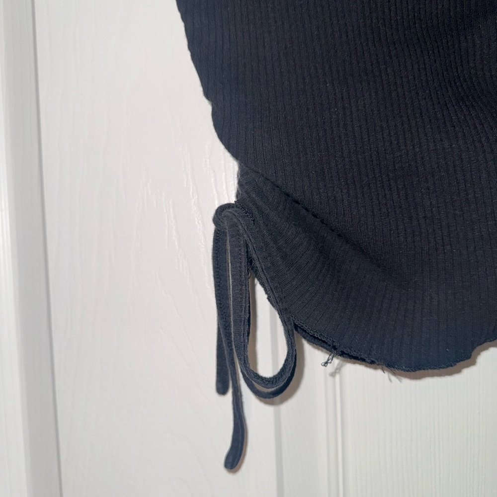 Drawstring Ruched Black Ribbed Women's Top - Picture 3 of 3